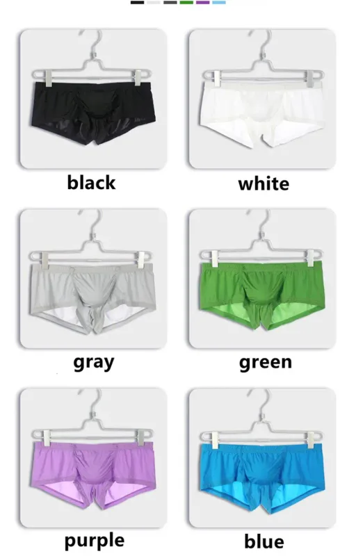 Cueca boxer masculina sexy, sólida, fina, seda gelo, respirável, cintura baixa, bolsa convexa em u, cueca masculina