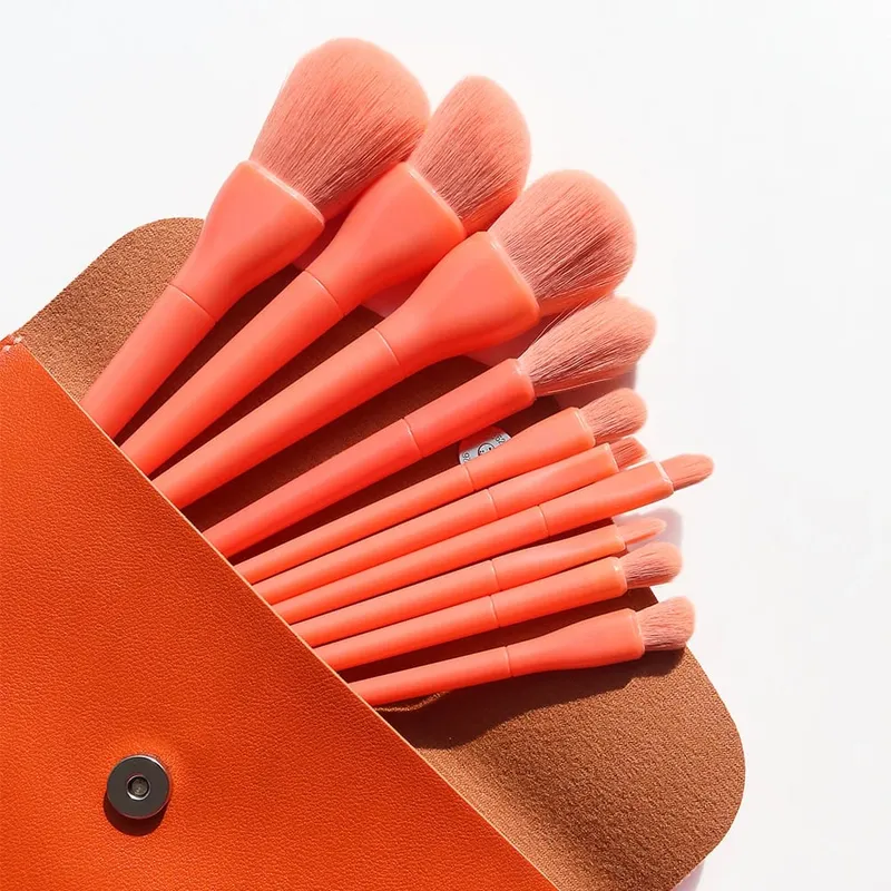 Conjunto de pincéis de maquiagem, 10 peças, laranja/rosa/azul/verde, sombra, delineador, pincel de maquiagem, cabelo natural, base, pó, blush