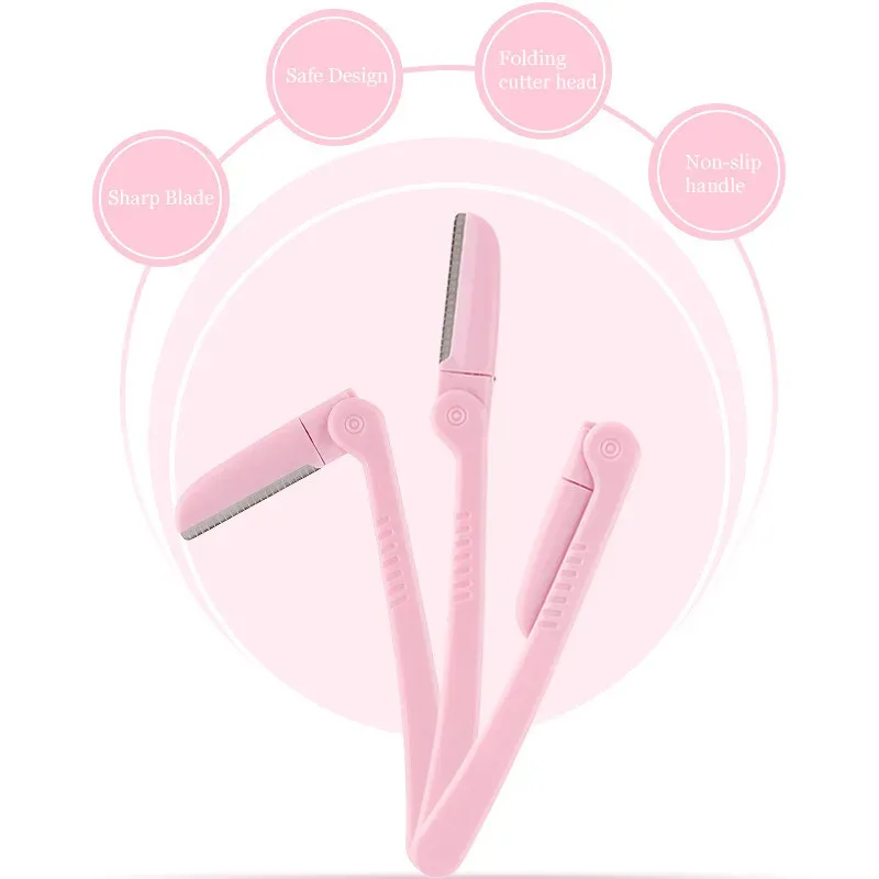 3 pçs/set rosa dobrável sobrancelha trimmer axila cabelo navalha beleza rosto olho sobrancelha shaper barbeador lâminas de aço inoxidável ferramentas maquiagem — image 4