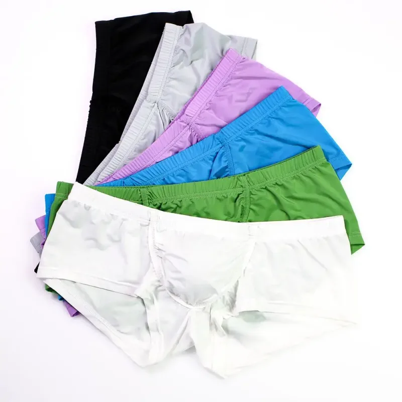 Cueca boxer masculina sexy, sólida, fina, seda gelo, respirável, cintura baixa, bolsa convexa em u, cueca masculina