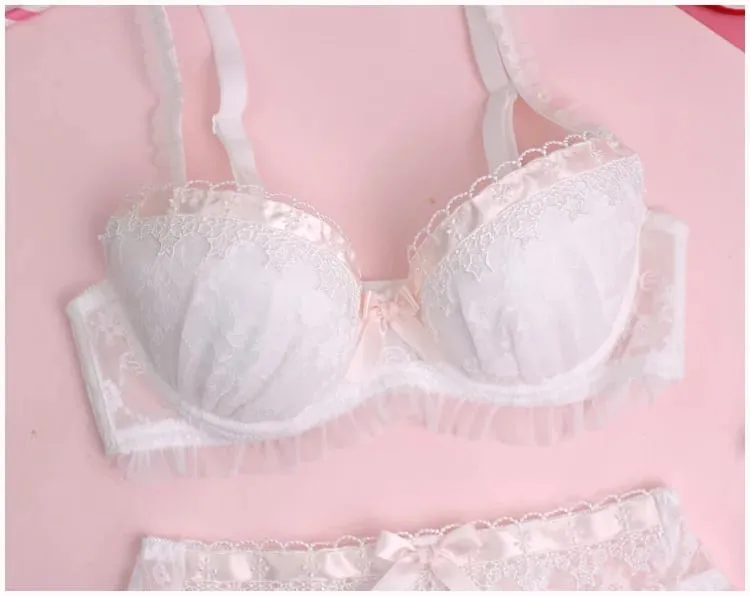 Meninas renda solúvel em água seção fina lingerie confortável reunir conjunto sutiã senhoras roupa interior de cor sólida bonito e sexy bralette — image 3