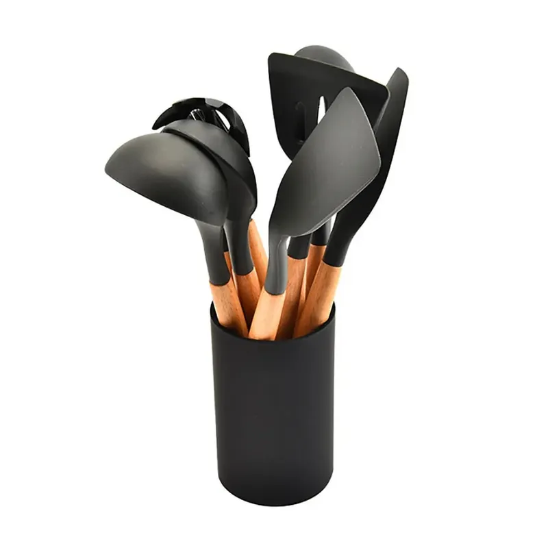Silicone mundo cozinhar utensílios de cozinha ferramenta de silicone com alça multifuncional de madeira antiaderente espátula colher escova