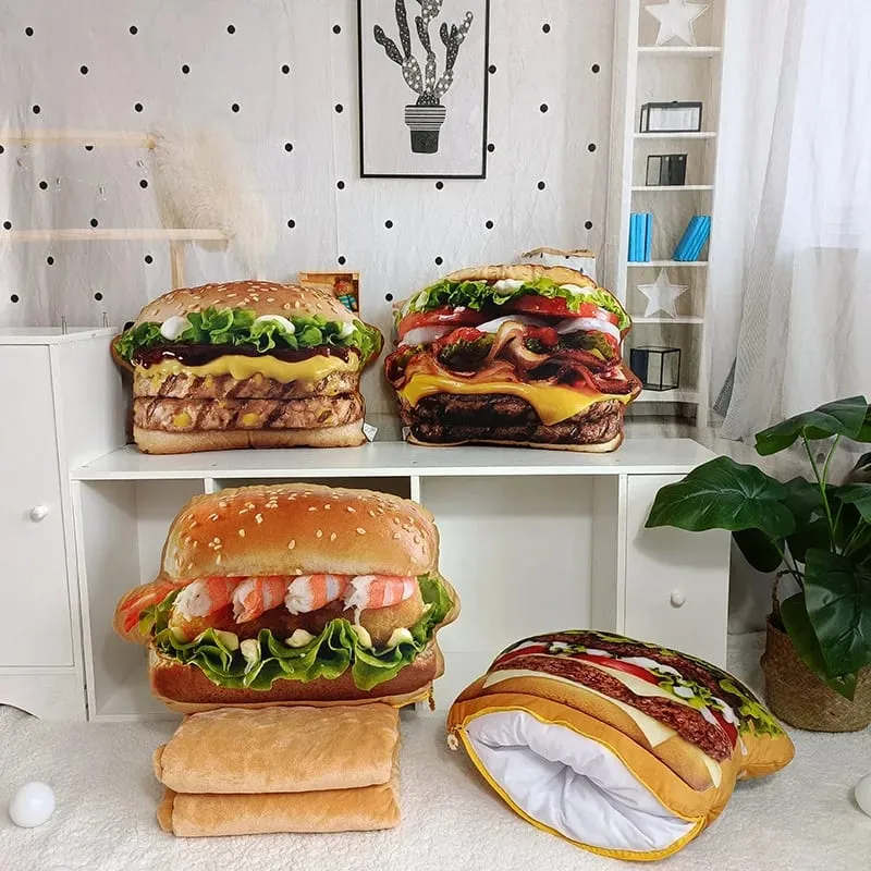 Lifelike Plush Hamburger Pillow Toy Simulation Stuffed Fast Food Hamburger Throw Pillow with Blanket 2 In 1 Cushion