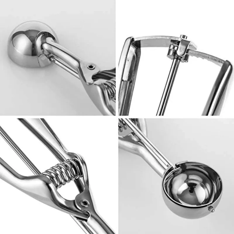 Colher de sorvete, ferramentas de cozinha, 3 tamanhos, aço inoxidável, alça de mola, purê de batata, melancia, bola, acessórios de cozinha para casa