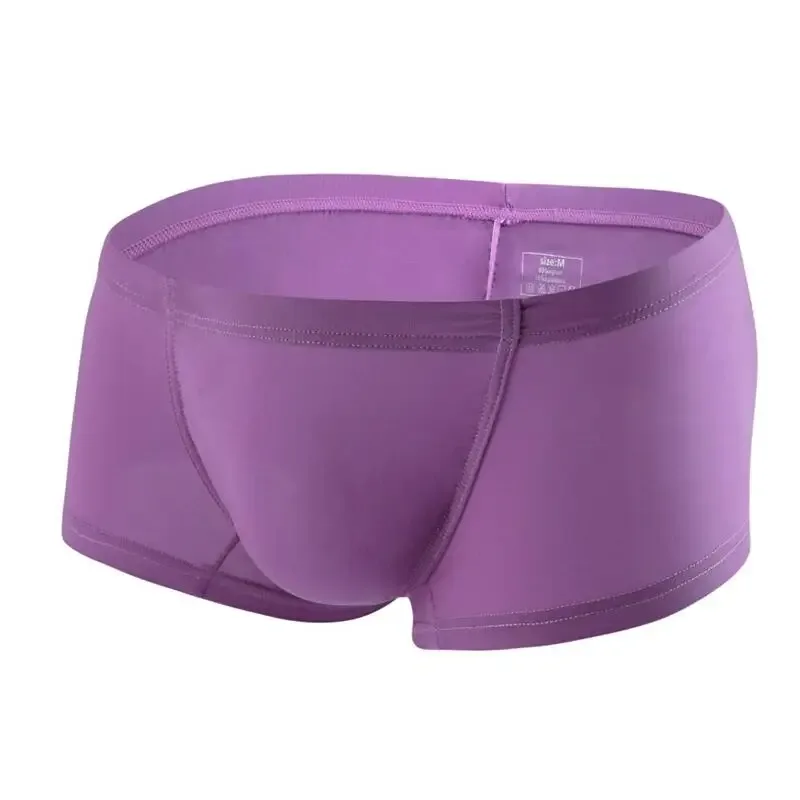 Cueca boxer masculina sexy, sólida, fina, seda gelo, respirável, cintura baixa, bolsa convexa em u, cueca masculina