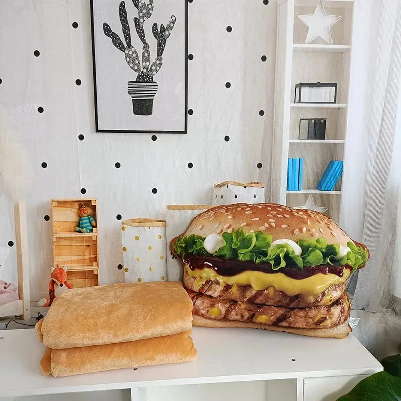 Lifelike Plush Hamburger Pillow Toy Simulation Stuffed Fast Food Hamburger Throw Pillow with Blanket 2 In 1 Cushion