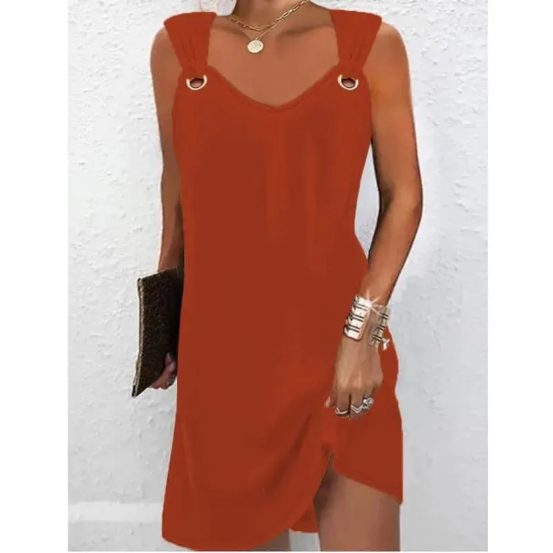 Mulheres verão vestidos casuais 2025 elegante estilo simples cor sólida botão de metal com decote em v sem mangas vestido feminino sexy midi vestidos