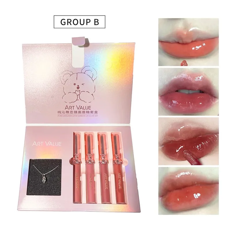 VALOR DA ARTE 4 Pcs Lipgloss Batom Líquido Duradoura Hidratante Maquiagem Espelho Lip Glaze Conjunto Com Colar Lip Tint Beleza Maquiagem