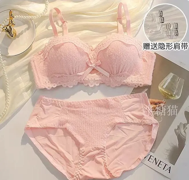 Novo conjunto de lingerie de renda sem fio sutiã acolchoado meia xícara pequeno busto impulso sexy anti-sag roupa interior feminina toda a temporada S-XLAB copo