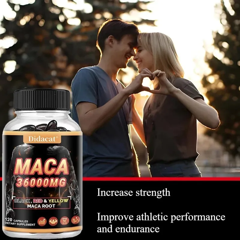 Cápsulas orgânicas em pó de raiz de maca com suplemento de extrato de raiz de maca preto + vermelho + amarelo para homens e mulheres - 120 cápsulas