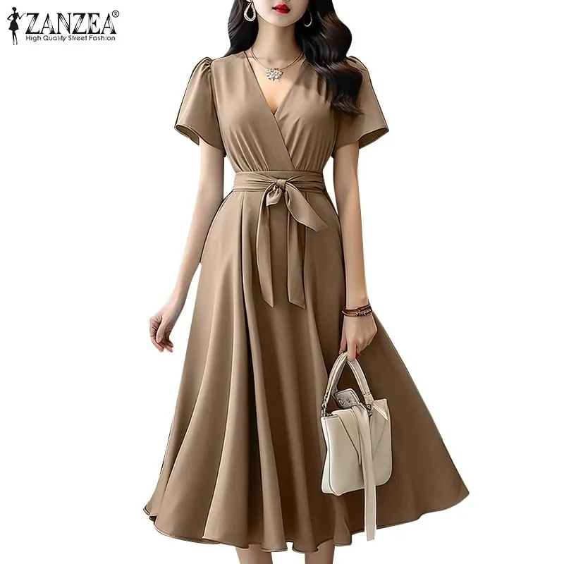 2024 Elegant Short Sleeve A-line Dresses Women Fashion Solid Color Holiday Belted Vestidos Casual V Neck Midi Sundress