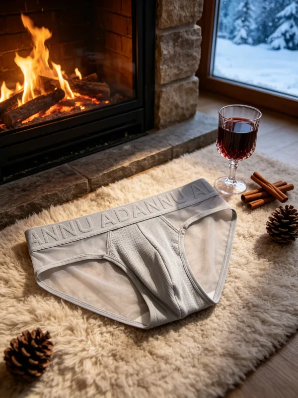 Cueca triangular masculina de cintura baixa, painel de malha lateral, material de grão vertical, bolsa de contorno 3D, letra em relevo, elástico largo
