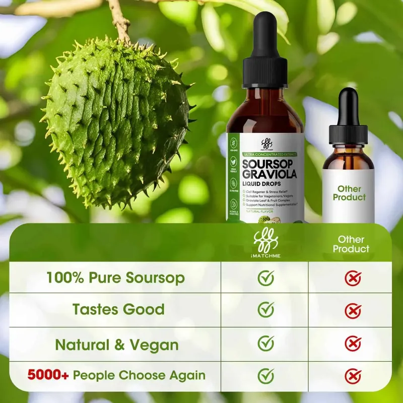 Gotas líquidas de graviola de graviola orgânica para suporte celular antioxidante natural e regeneração, reforço imunológico rico em multivitamínico