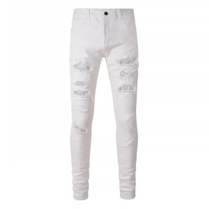 Diamond-encrusted Washed Ripped Patch Patchwork Hot Diamond Jeans Beggar Pants Men