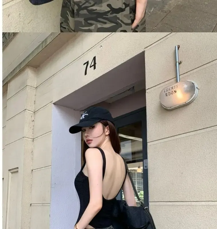 黑色吊帶連身衣性感露背羅紋連身衣連衣繩女性感無袖背心手套連身衣身體女