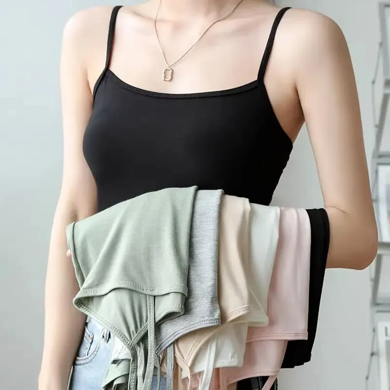 Feminino cor sólida cintas de espaguete sem mangas camisola fina com almofada no peito algodão verão wear fora feminino curto topos coletes
