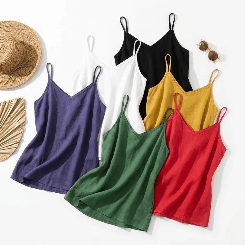 Top básico de algodão com alça espaguete, decote em V, sem mangas, regata solta, respirável, camis, roupa de verão — image 5