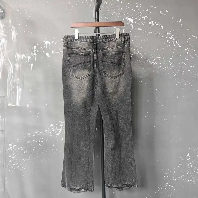 Nicho angustiado design preto cinza micro queimado jeans masculino tendência solta buraco reto inferior casual calças jeans 28w5868