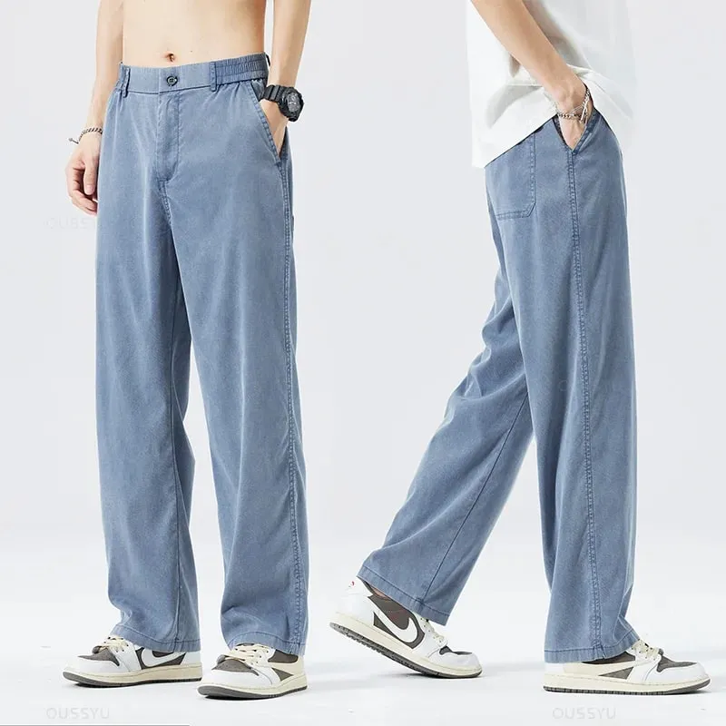 Verão macio lyocell tecido jeans masculino fino solto calças retas cordão elástico na cintura coreia calças casuais plus size M-5XL