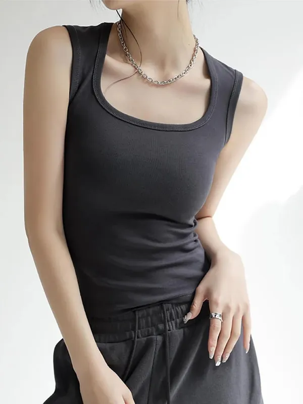 女款純色 U 領羅紋背心吊帶背心女式夏季基本款彈性背心 U 領純色背心