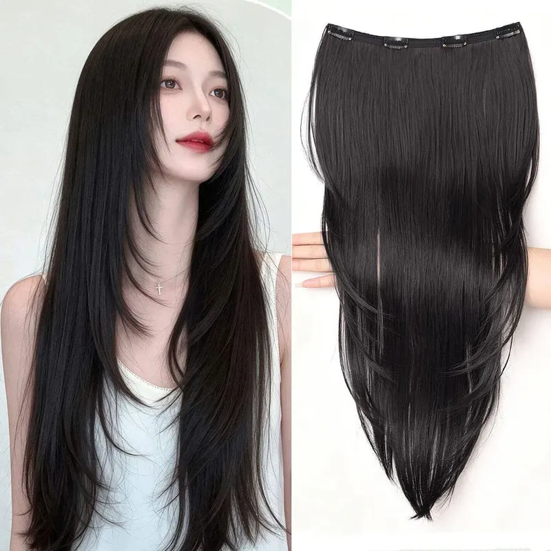 Extensão de cabelo reto sintético, uma peça em camadas, leve, invisível, sem costura, 4 clipes para mulheres, diariamente — image 2