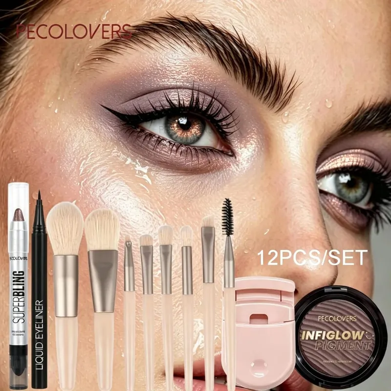 12PCS/SET Shimmer Eye Shadow Pen & Palette Liquid Eyeliner Lash Curler Eye Makeup Brushes Durable/Waterproof