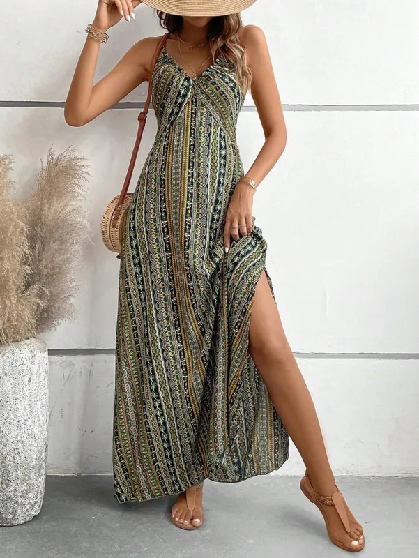Women's Summer Ethnic Pattern Backless Split Thigh Dress Ladies Summer Clothes Boho Fashion Frill Trim Long Dress for Beach