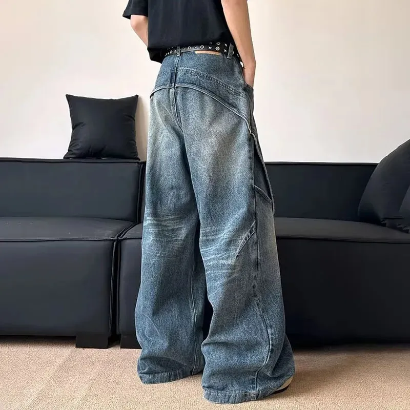 Calça jeans masculina curvada, versão coreana, com design retrô solto, perna reta, casual, bolso grande, perna larga