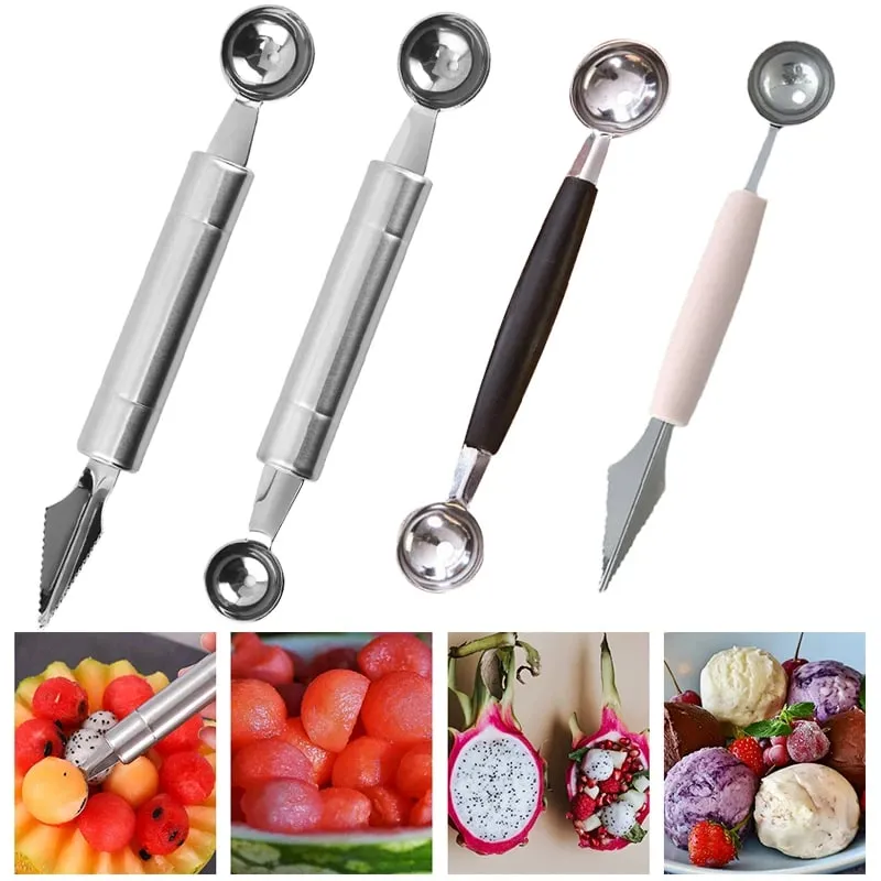Colher de frutas escavação dupla cabeça de aço inoxidável portátil multifuncional melão baller colher diy prato frutas ferramenta bola tmz