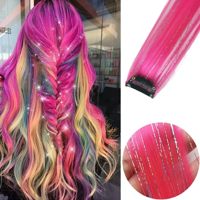 6 unidades/pacote colorido festa destaques clipe em extensões de cabelo 22 polegadas multi-cores cabelo liso sintético postiços — image 30