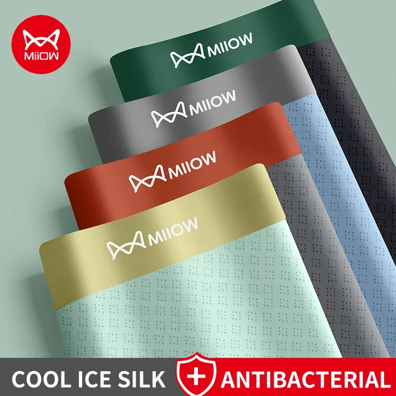 MiiOW 3Pcs Cool Ice Silk Men Underwear Boxers 7A Antibacterial Men's Panties Seamless Mesh Breathable Mens Underpants Man Boxers
