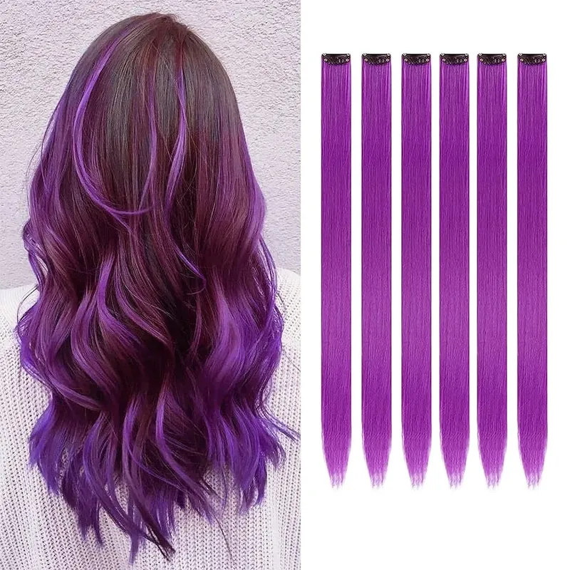 6 unidades/pacote colorido festa destaques clipe em extensões de cabelo 22 polegadas multi-cores cabelo liso sintético postiços — image 16