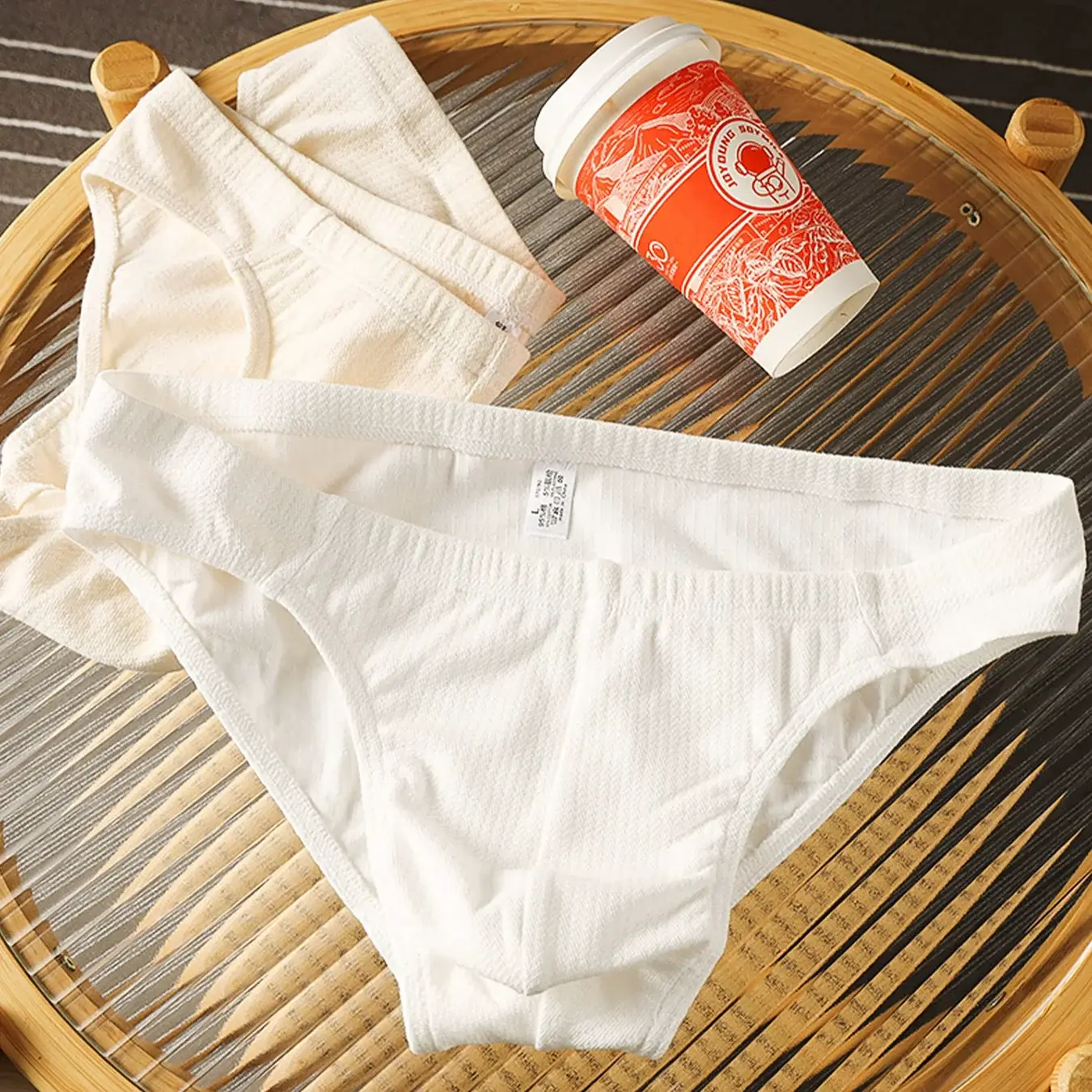 3-Piece Men's Low-Waist Cotton Textured Briefs Set - Minimalist Solid-Color Underwear (Beige/White/Light Gray)