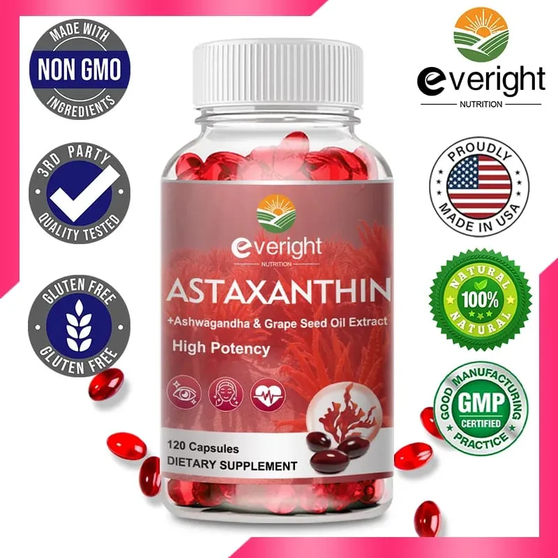 蝦紅素補充劑 24 毫克新鮮微藻來源葡萄籽油 Ashwagandha - 健康皮膚眼睛抗衰老的抗氧化劑