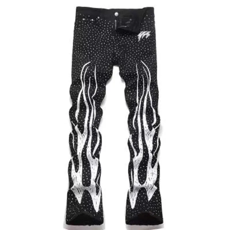 Punk chama streetwear sólido casual calças jeans palco dança strass impressão lavado preto baggy jeans hiphop casual denim pa