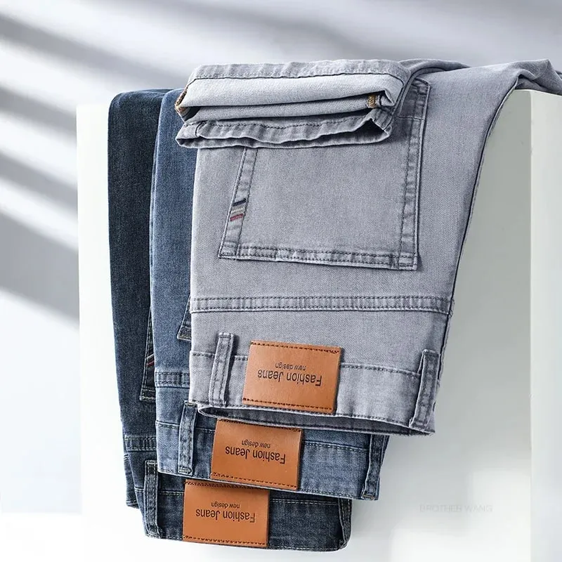 Verão fino masculino elástico algodão jeans moda cinza confortável negócios em linha reta calças casuais marca roupas masculinas
