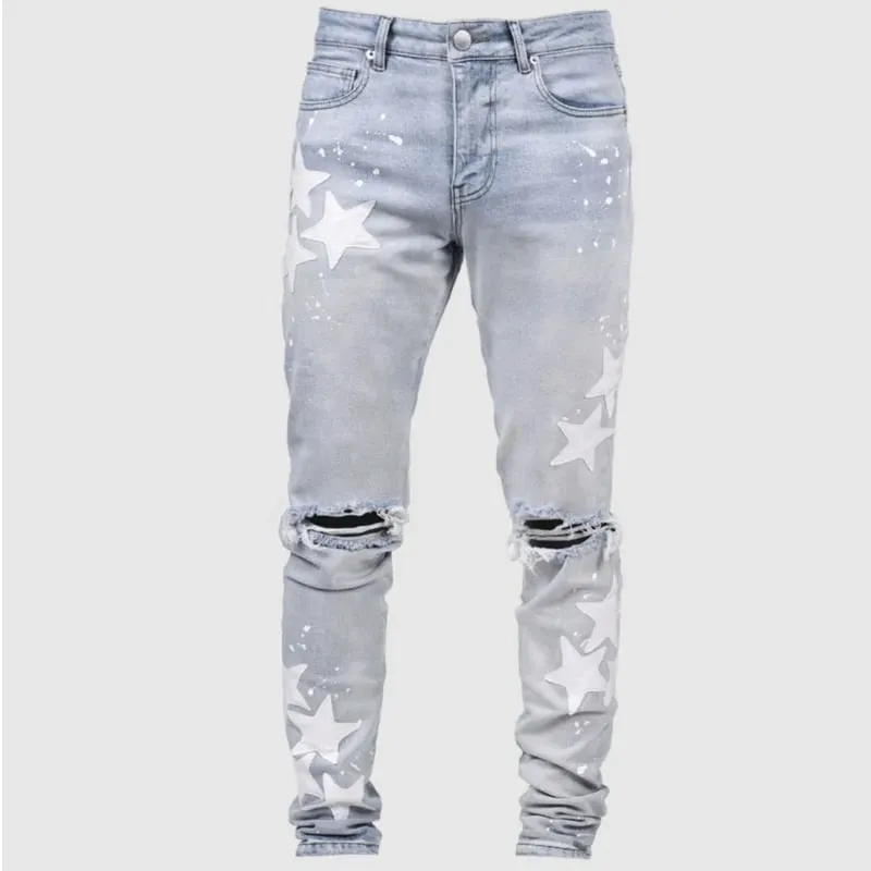 Kakan - Novo jeans masculino azul slim fit com remendo Y2k com design estampado jeans longo marca masculina — image 13