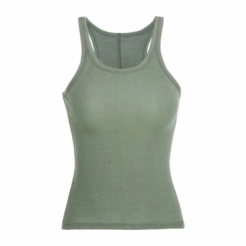 Regata com alça de malha com rosca, slim fit, roupa externa, uso interno, pescoço em u, cor sólida, feminina, verão