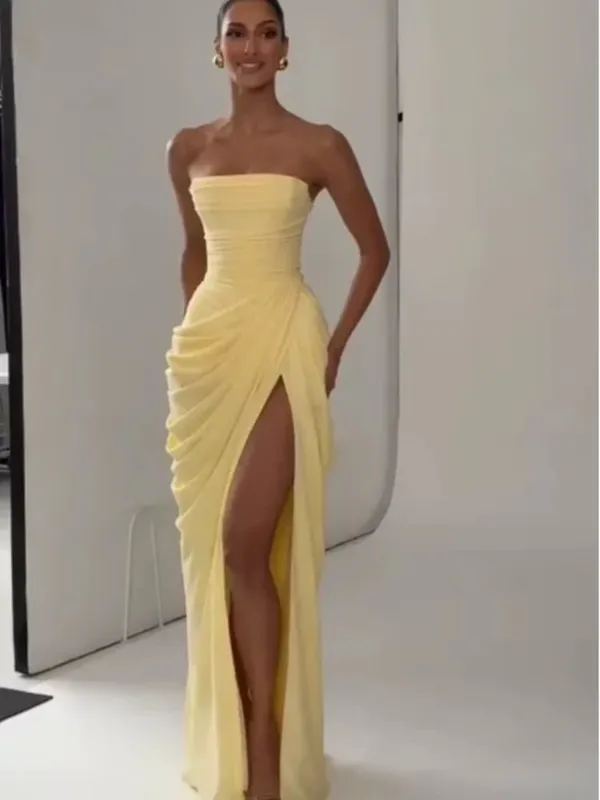 Elegante amarelo sem alças plissado vestido longo feminino chique sólido sem mangas cintura cinching split vestido 2026 senhora festa de noite robes