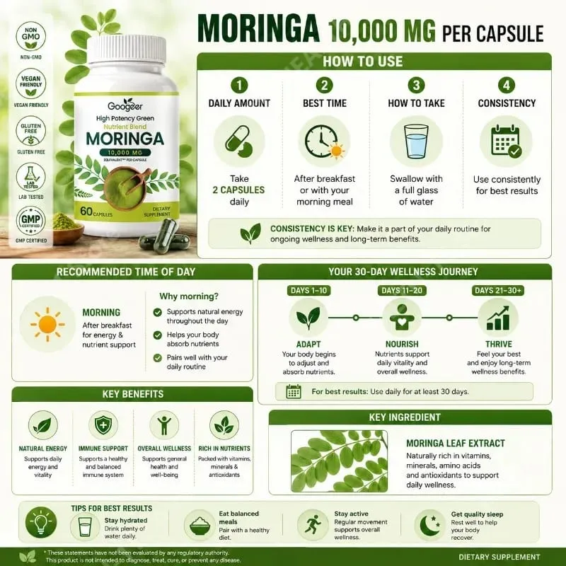 Suplemento de Moringa Premium com Extrato de Folha Natural Fórmula de Nutrição Herbal para Suporte Diário ao Bem-Estar 60 Cápsulas