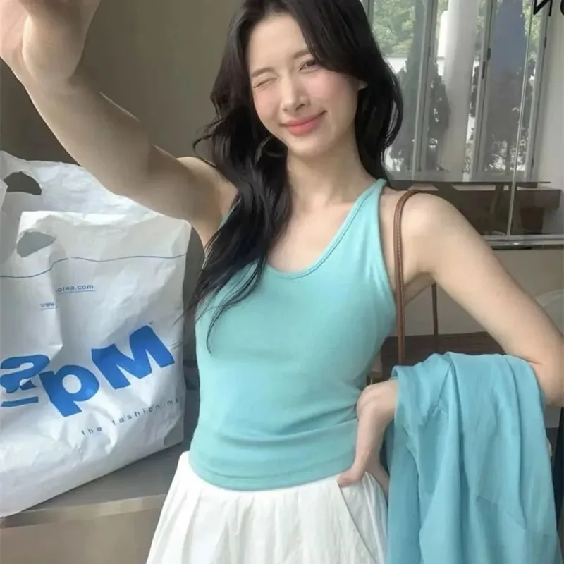 Estilo coreano com almofada no peito cinta colete u-pescoço cor sólida sem costas sem mangas superior emagrecimento feminino camis verão
