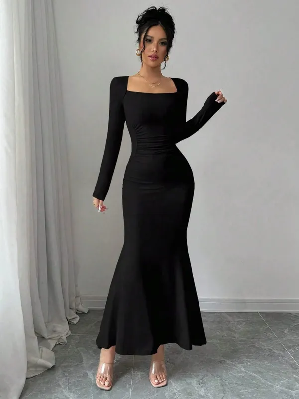 Feminino quatro estações novo estilo feminino elegante temperamento retro cor sólida gola quadrada vestido de manga longa