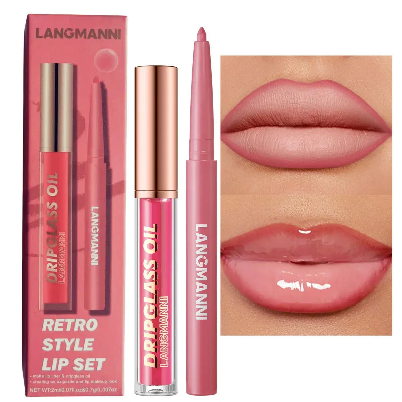 2 pçs/caixa matte veludo lipliner & espelho de vidro brilho labial à prova dwaterproof água de longa duração não-pegajoso roxo marrom forro lábio combinação conjunto de maquiagem — image 11