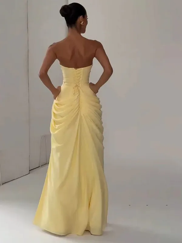 Elegante sólido plissado sem alças maxi vestido amarelo fora do ombro sem costas cintura alta dividir robe 2026 nova senhora vestido de festa à noite