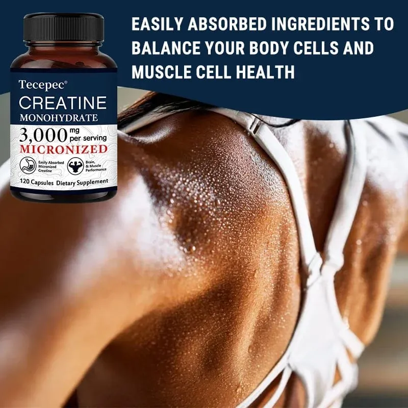 Cápsulas de Creatina Monohidratada 3000 mg Apoiam o Pré-Treino e Músculos Saudáveis, Foco e Memória Fácil de Absorver Fácil de Engolir