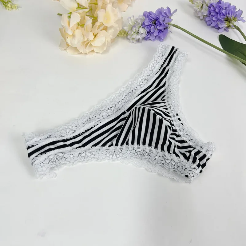 Homens rendas guarnição listrado g-string roupa interior meia coberta bunda baixa cintura respirável sexy u bulge bolsa confortável tong — image 13