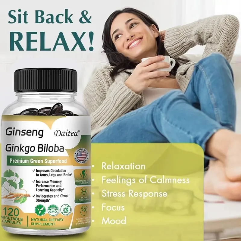 Premium Ginseng + Ginkgo - Nootropic Brain Supplement Memory & Concentration Circulation & Energy Boost 120 Capsules