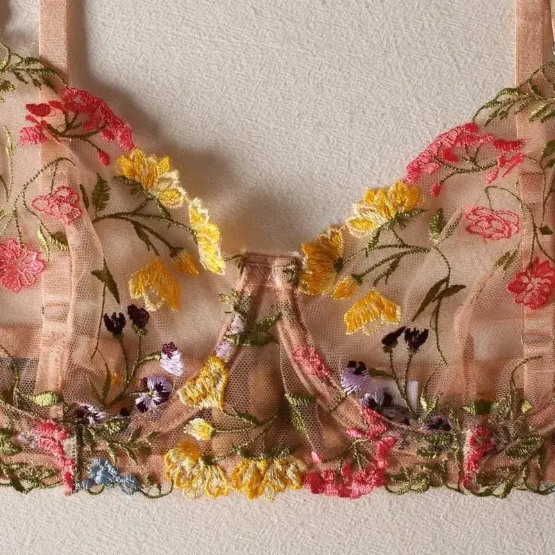 Conjunto de lingerie transparente versátil push up ultra-fino bordado floral roupa interior elegante sutiã terno feminino