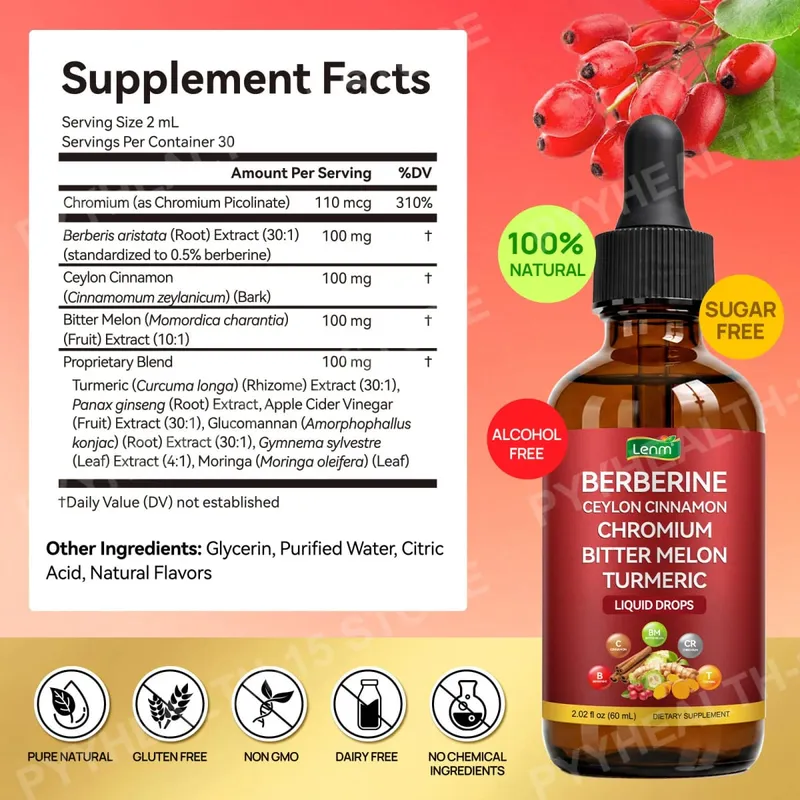 Lenm Berberine Liquid Drops com Ceilão Canela Cromo Melão Amargo Cúrcuma para Suporte ao Bem-Estar Metabólico 60ml 30 Porções — image 2