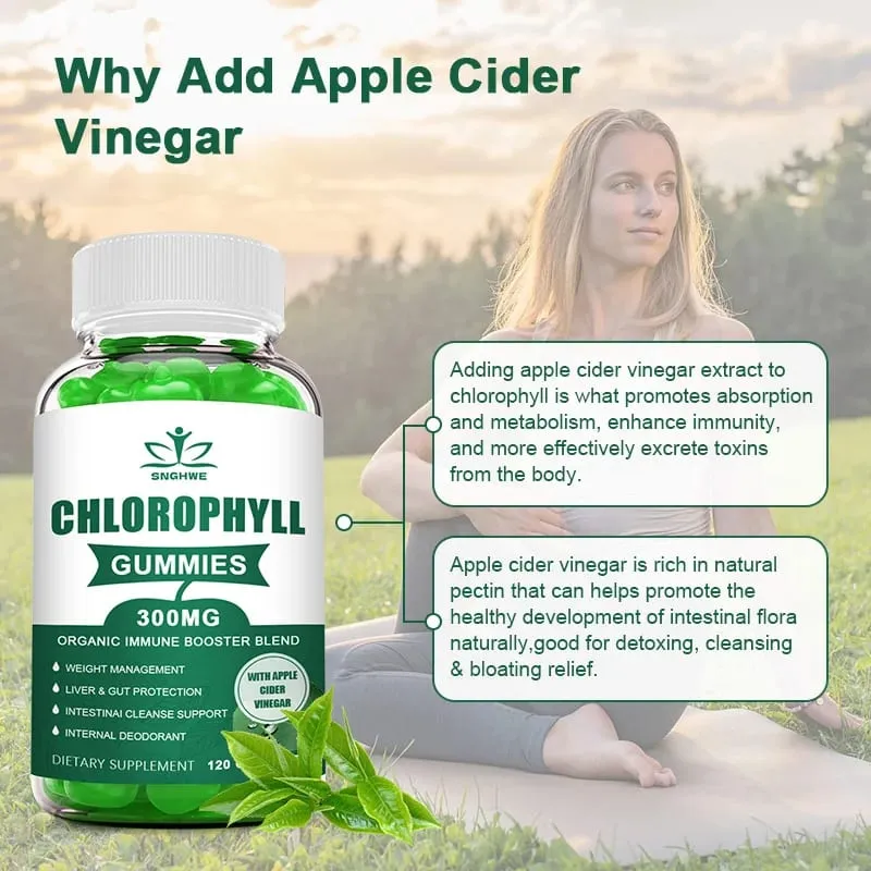 Gomas de clorofila - com ACV Vitamina D3 C E B12 - Desodorante natural Impulsionador de energia Imune e suporte à digestão Vegan 60 doces